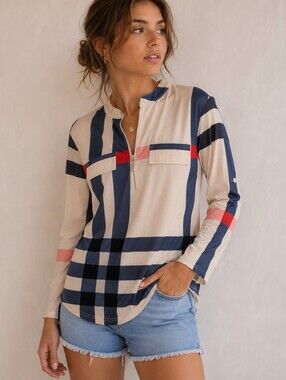 Moyabo Striped Zip-Front Blouse in Cream With Strips And Color blocks, M